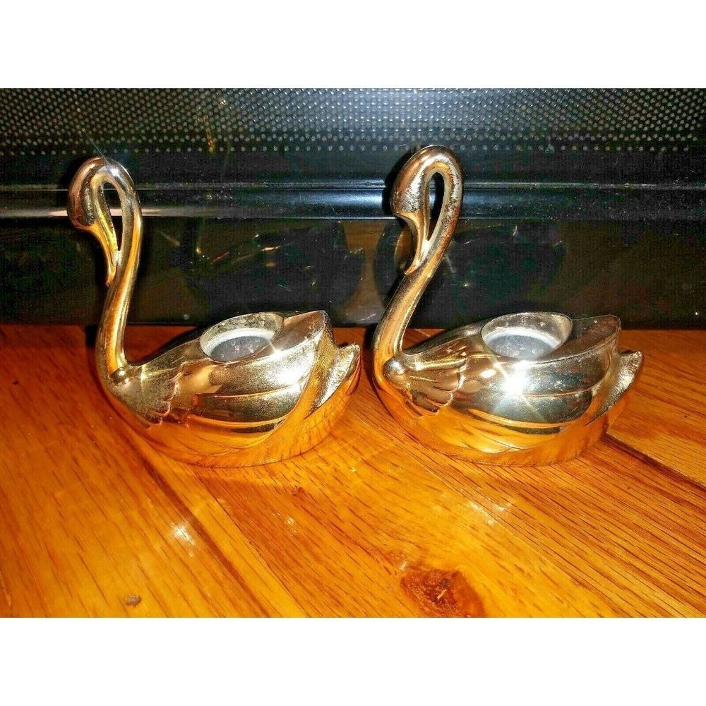 Set Of 2 Swan Candle Holders JAPAN gold tone metal 4"x3.5" EUC - Picture 10 of 12